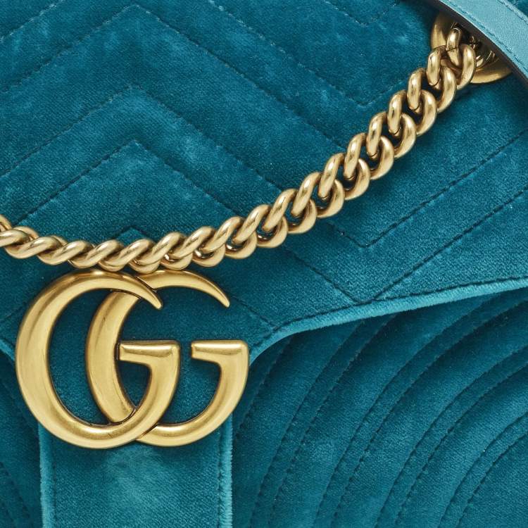 Pre Owned Gucci GG Marmont Small Blue Matelasse Velvet Flap Shoulder Bag