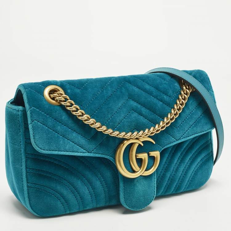 Pre Owned Gucci GG Marmont Small Blue Matelasse Velvet Flap Shoulder Bag