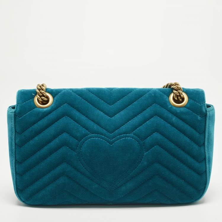 Pre Owned Gucci GG Marmont Small Blue Matelasse Velvet Flap Shoulder Bag