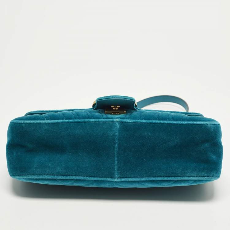 Pre Owned Gucci GG Marmont Small Blue Matelasse Velvet Flap Shoulder Bag