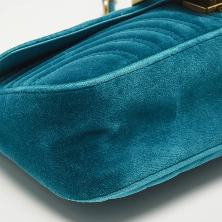 Pre Owned Gucci GG Marmont Small Blue Matelasse Velvet Flap Shoulder Bag