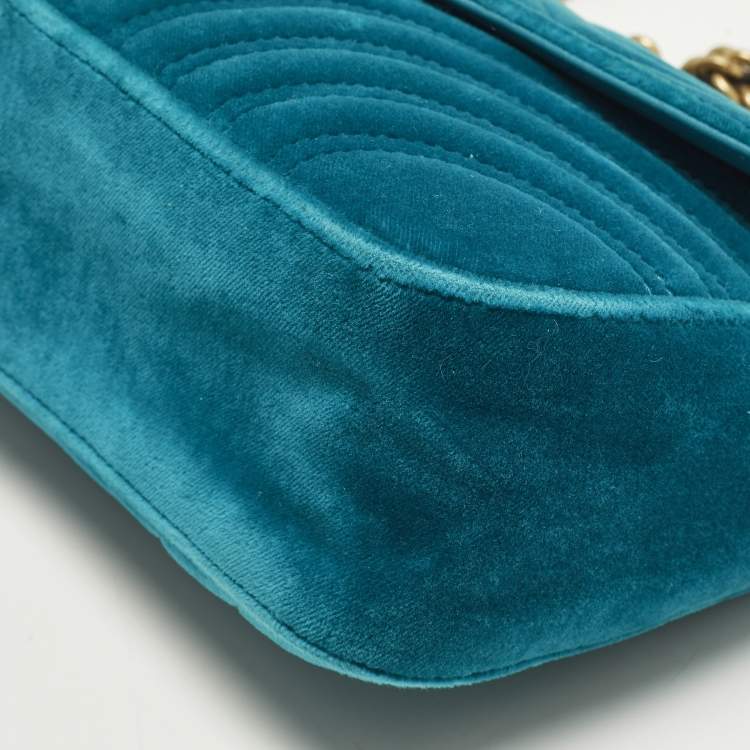 Pre Owned Gucci GG Marmont Small Blue Matelasse Velvet Flap Shoulder Bag
