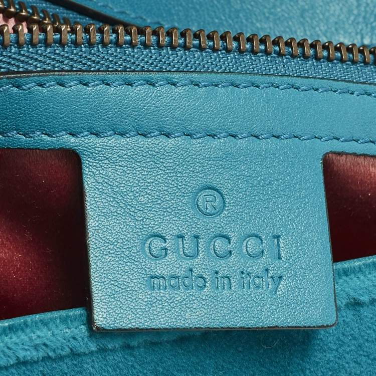 Pre Owned Gucci GG Marmont Small Blue Matelasse Velvet Flap Shoulder Bag