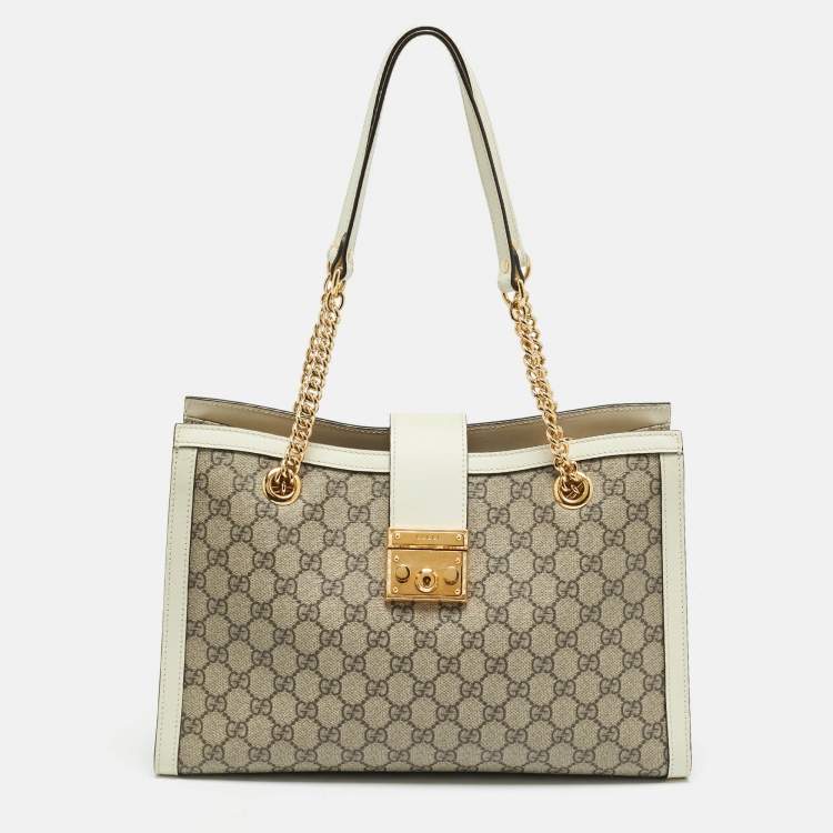 Pre Owned Gucci Padlock Medium Off White/Beige GG Supreme Canvas and Leather  Tote