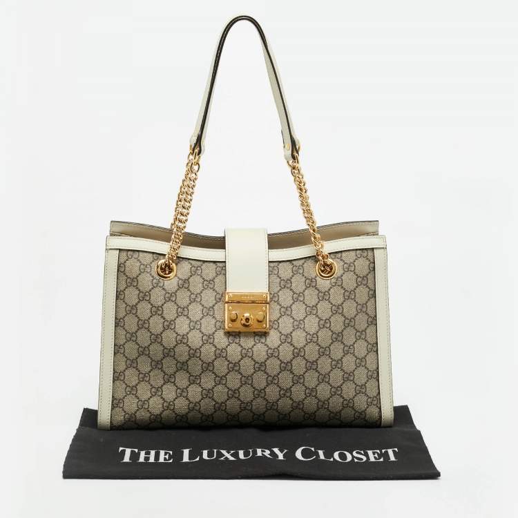 Pre Owned Gucci Padlock Medium Off White/Beige GG Supreme Canvas and Leather  Tote