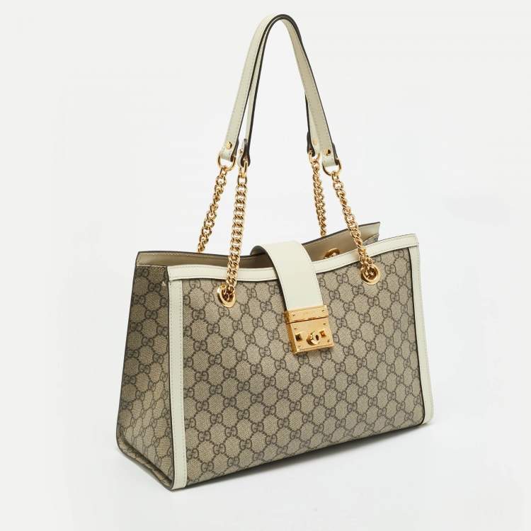 Pre Owned Gucci Padlock Medium Off White/Beige GG Supreme Canvas and Leather  Tote