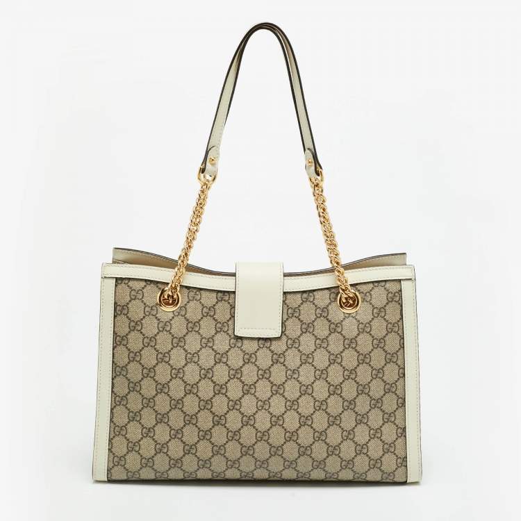 Pre Owned Gucci Padlock Medium Off White/Beige GG Supreme Canvas and Leather  Tote