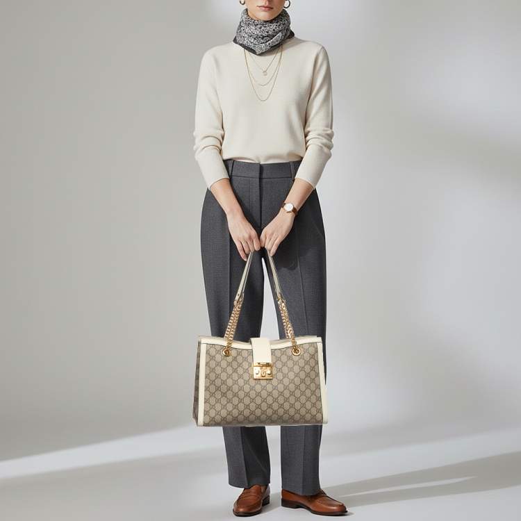 Pre Owned Gucci Padlock Medium Off White/Beige GG Supreme Canvas and Leather  Tote