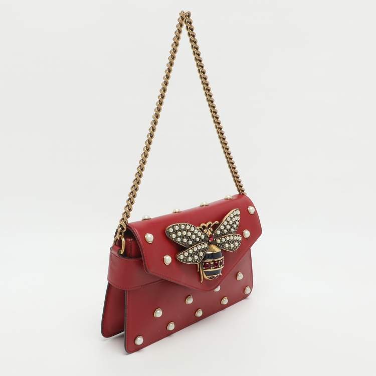 Pre Owned Gucci Bee Pearl Studded Queen Margaret Broadway Mini Red Leather Crossbody Bag
