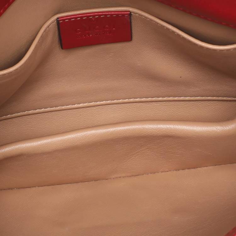 Pre Owned Gucci Bee Pearl Studded Queen Margaret Broadway Mini Red Leather Crossbody Bag