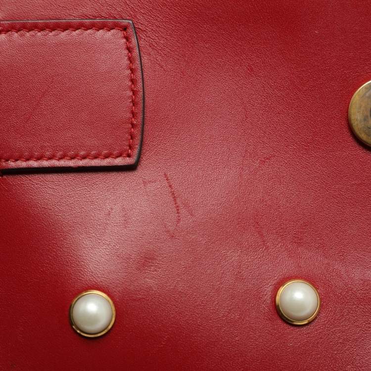 Pre Owned Gucci Bee Pearl Studded Queen Margaret Broadway Mini Red Leather Crossbody Bag