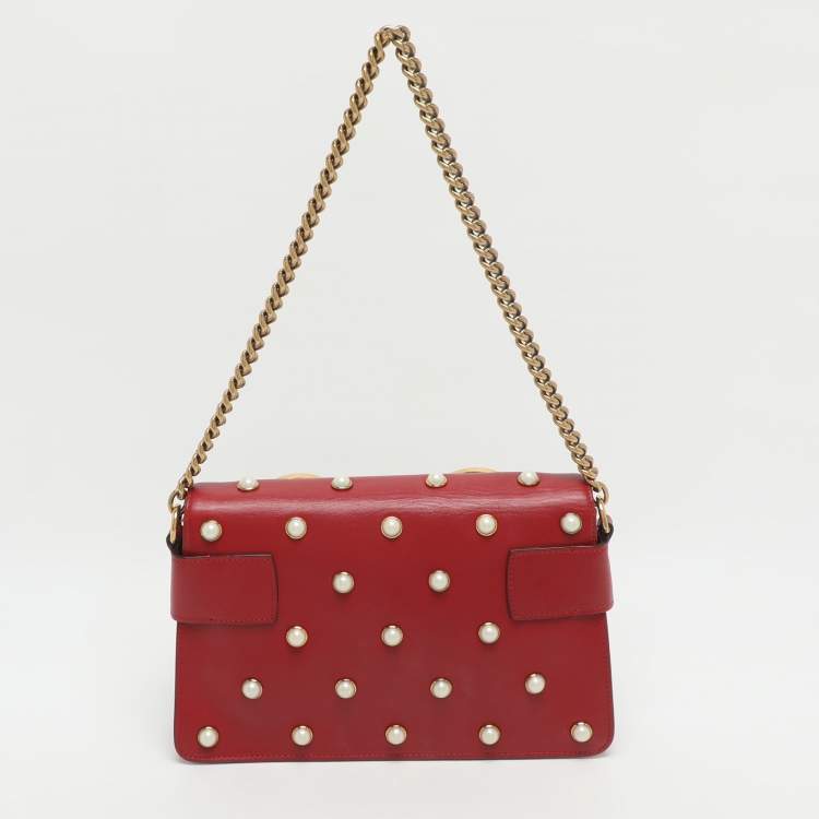 Pre Owned Gucci Bee Pearl Studded Queen Margaret Broadway Mini Red Leather Crossbody Bag