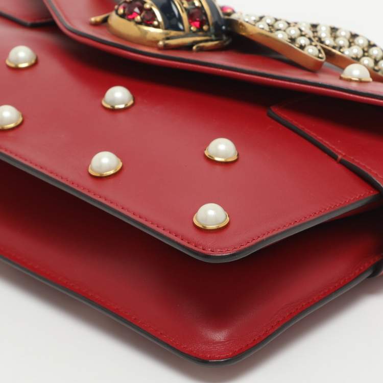 Pre Owned Gucci Bee Pearl Studded Queen Margaret Broadway Mini Red Leather Crossbody Bag