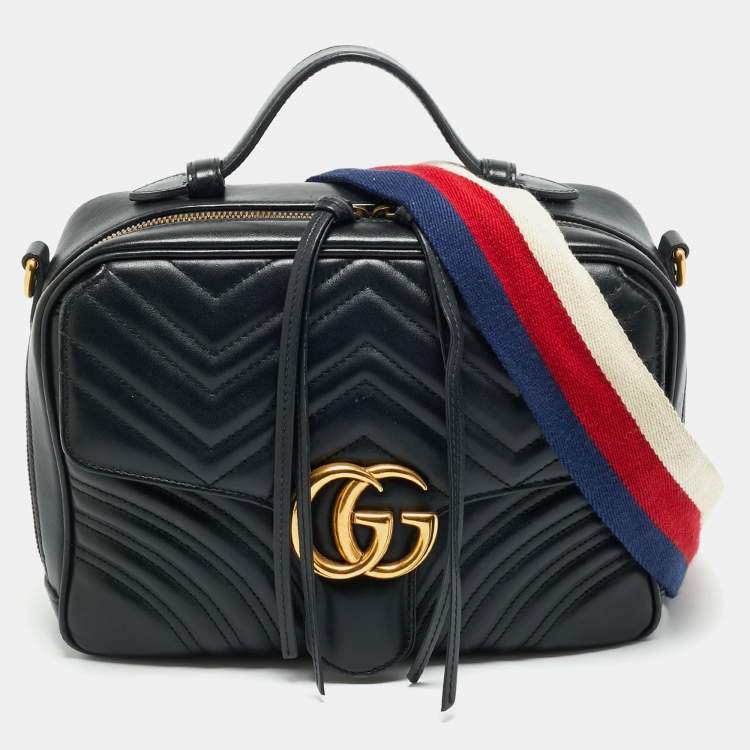 Pre Owned Gucci Sylvie Web Small Black Matelassé Leather GG Marmont Top Handle Bag