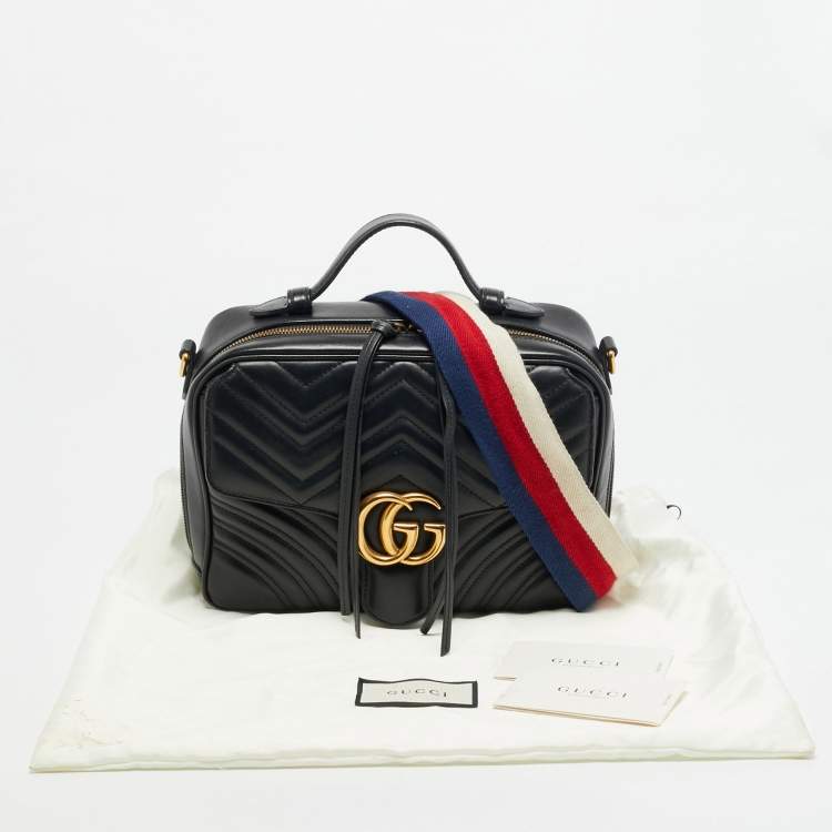 Pre Owned Gucci Sylvie Web Small Black Matelassé Leather GG Marmont Top Handle Bag
