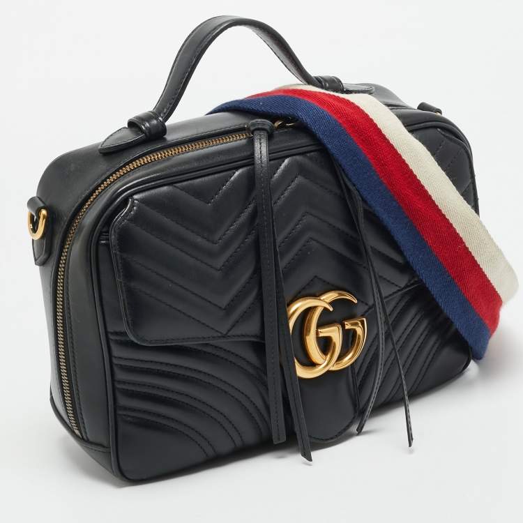 Pre Owned Gucci Sylvie Web Small Black Matelassé Leather GG Marmont Top Handle Bag