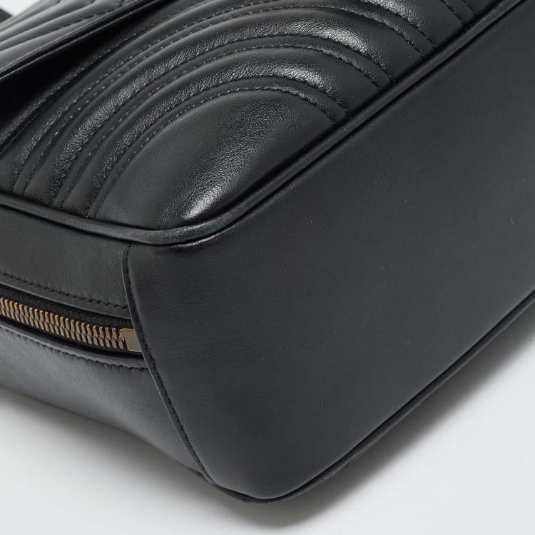 Pre Owned Gucci Sylvie Web Small Black Matelassé Leather GG Marmont Top Handle Bag