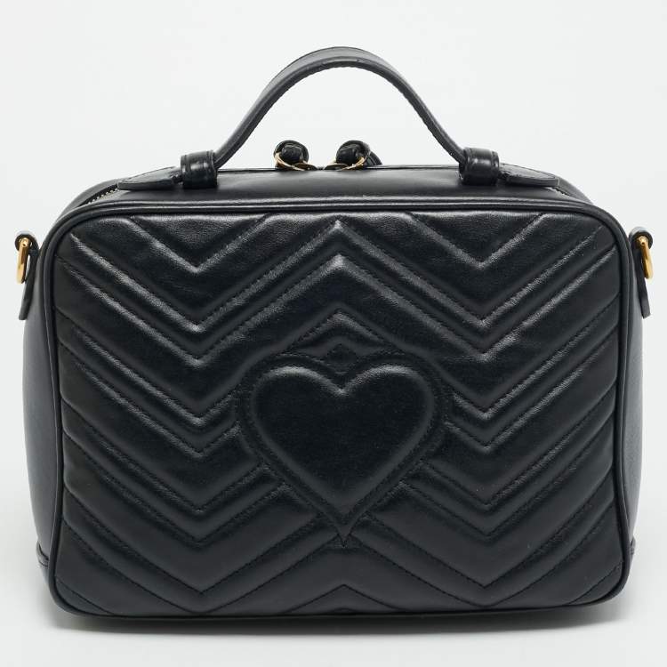 Pre Owned Gucci Sylvie Web Small Black Matelassé Leather GG Marmont Top Handle Bag