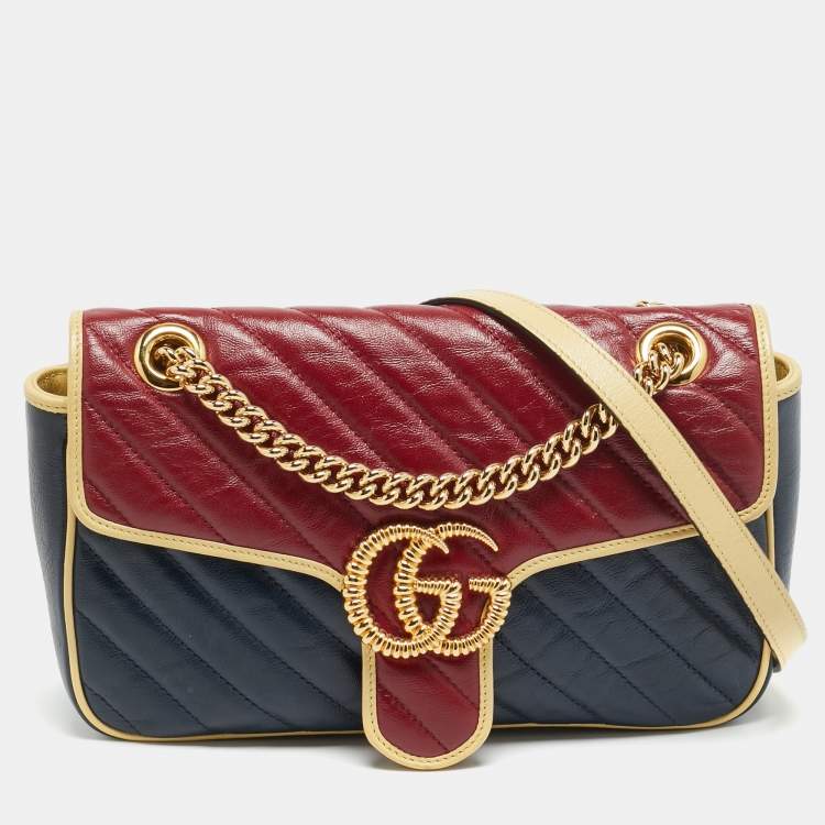 Pre Owned Gucci GG Marmont Torchon Small Navy Blue/Red Diagonal Quilted Leather Shoulder Bag