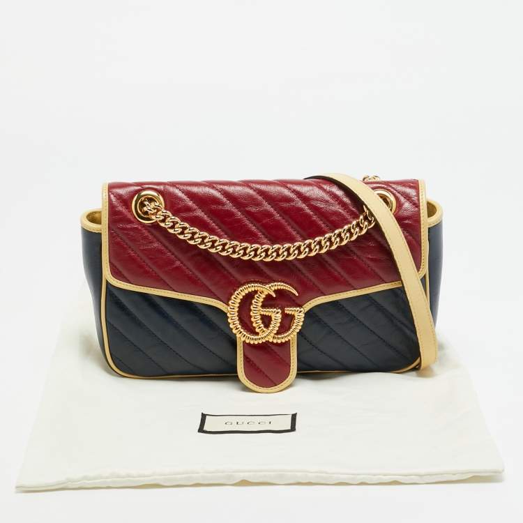 Pre Owned Gucci GG Marmont Torchon Small Navy Blue/Red Diagonal Quilted Leather Shoulder Bag