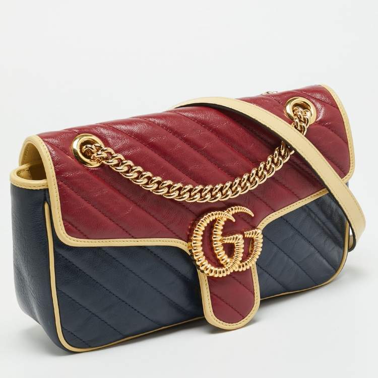 Pre Owned Gucci GG Marmont Torchon Small Navy Blue/Red Diagonal Quilted Leather Shoulder Bag