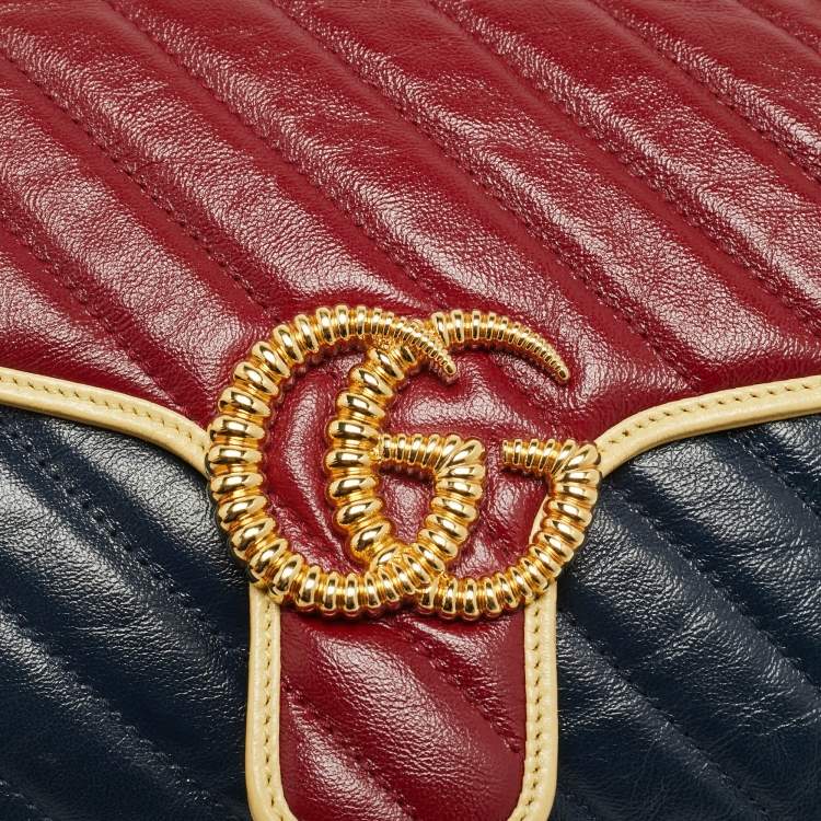 Pre Owned Gucci GG Marmont Torchon Small Navy Blue/Red Diagonal Quilted Leather Shoulder Bag