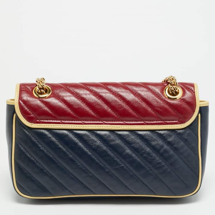 Pre Owned Gucci GG Marmont Torchon Small Navy Blue/Red Diagonal Quilted Leather Shoulder Bag