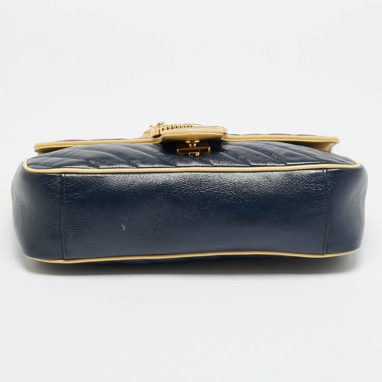 Pre Owned Gucci GG Marmont Torchon Small Navy Blue/Red Diagonal Quilted Leather Shoulder Bag
