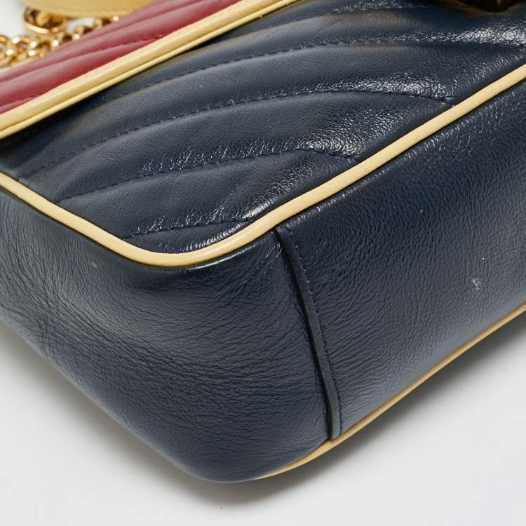 Pre Owned Gucci GG Marmont Torchon Small Navy Blue/Red Diagonal Quilted Leather Shoulder Bag