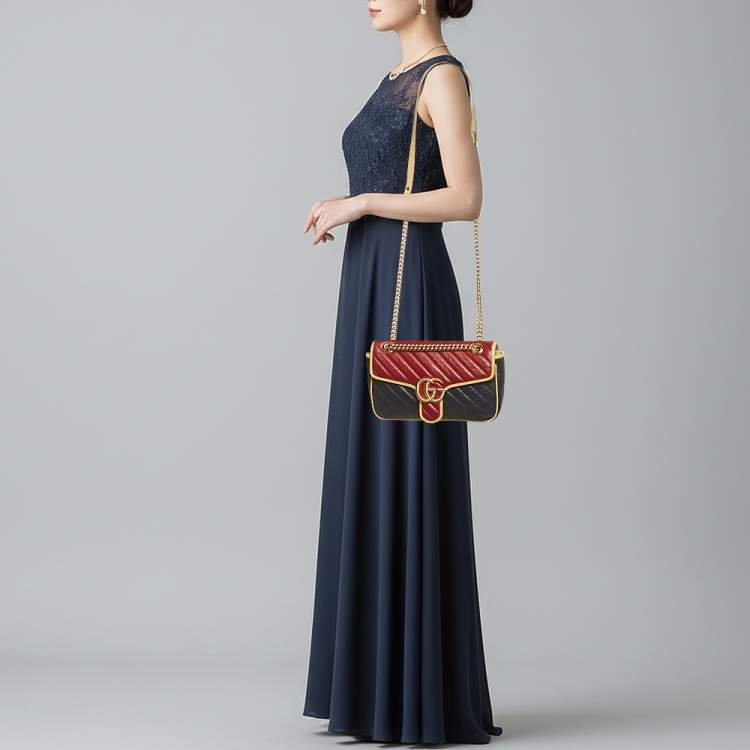 Pre Owned Gucci GG Marmont Torchon Small Navy Blue/Red Diagonal Quilted Leather Shoulder Bag