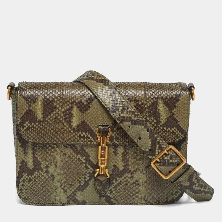 Pre Owned Gucci Jackie Olive Green Python Flap Shoulder Bag