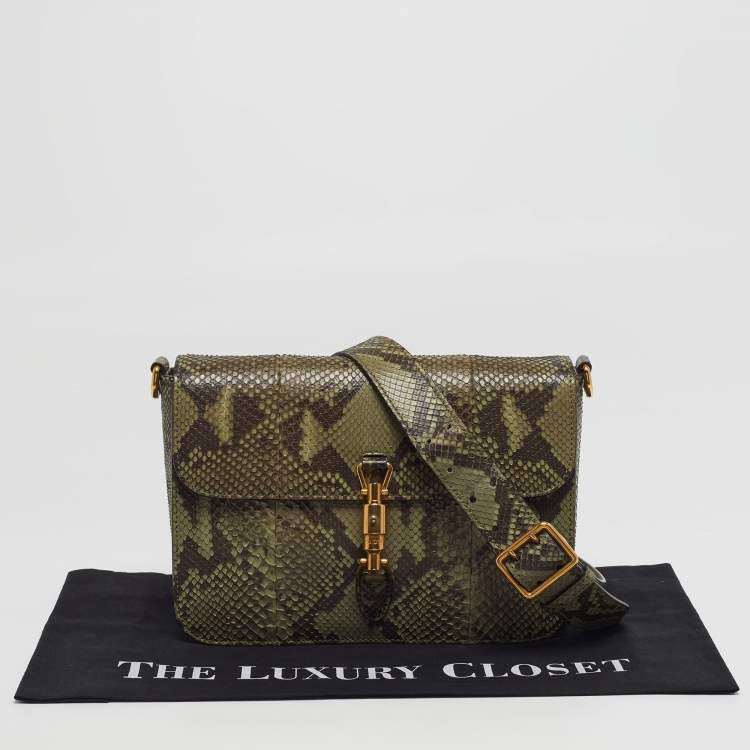 Pre Owned Gucci Jackie Olive Green Python Flap Shoulder Bag