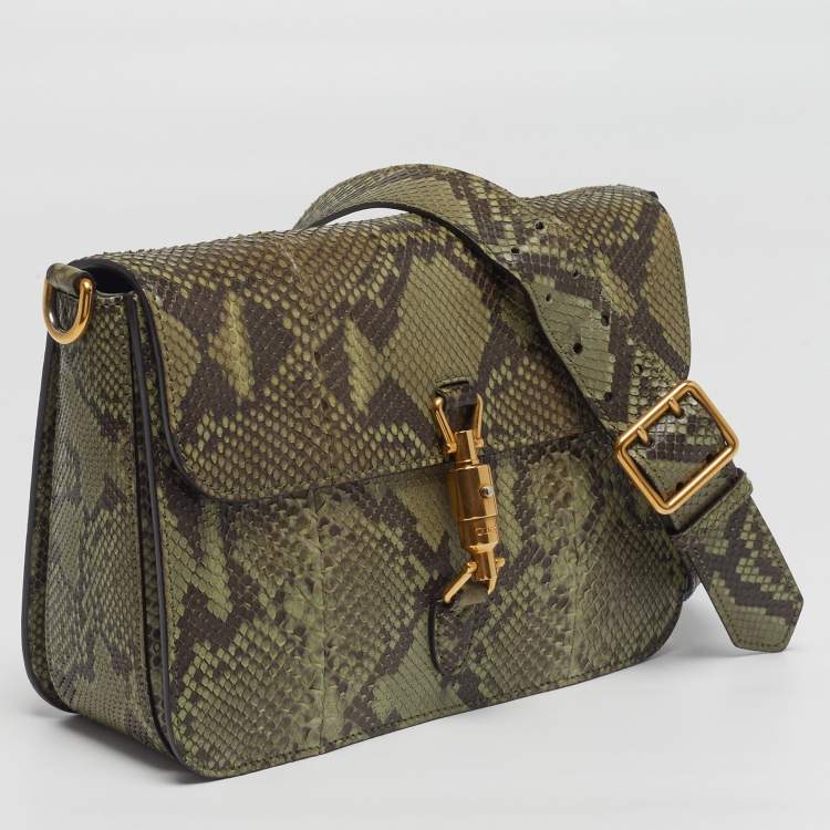 Pre Owned Gucci Jackie Olive Green Python Flap Shoulder Bag