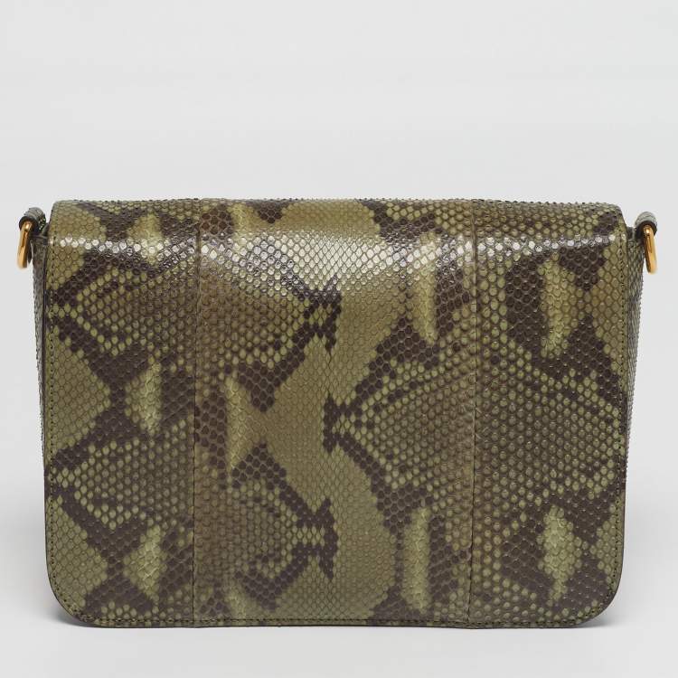 Pre Owned Gucci Jackie Olive Green Python Flap Shoulder Bag