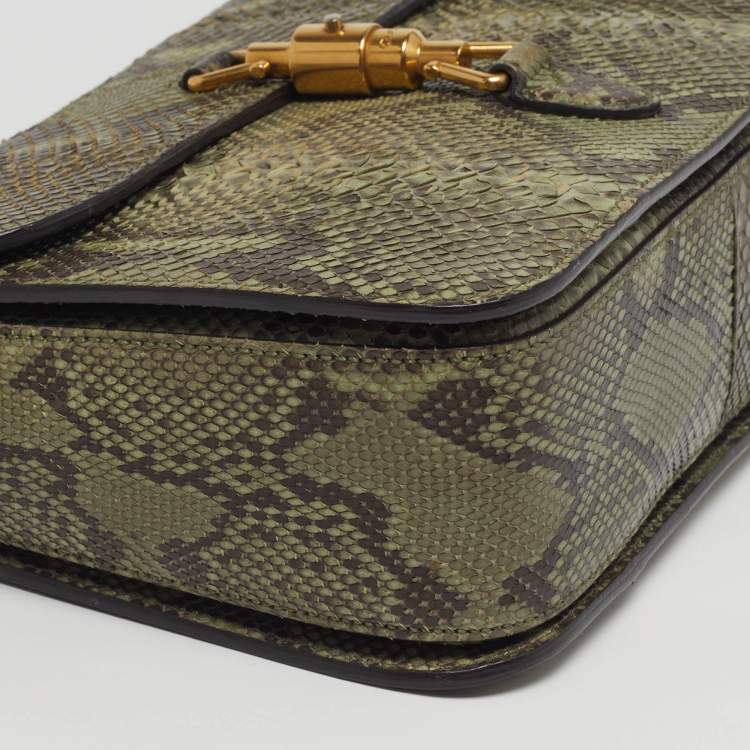 Pre Owned Gucci Jackie Olive Green Python Flap Shoulder Bag