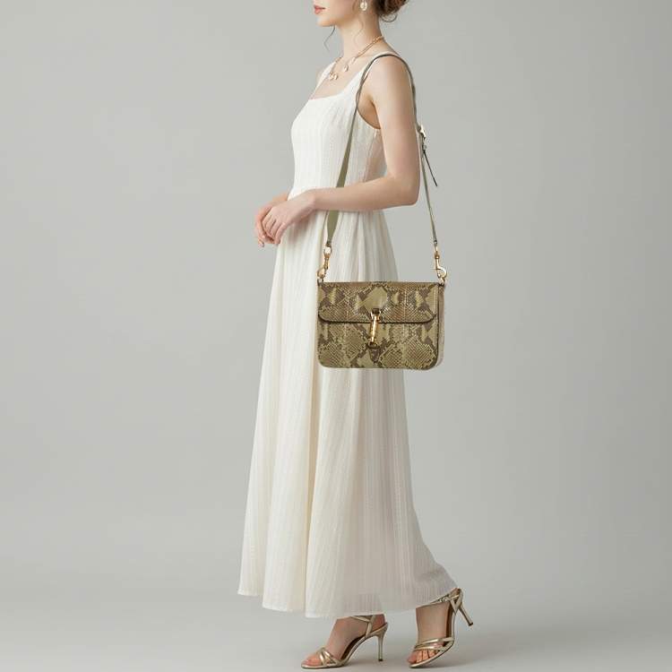 Pre Owned Gucci Jackie Olive Green Python Flap Shoulder Bag