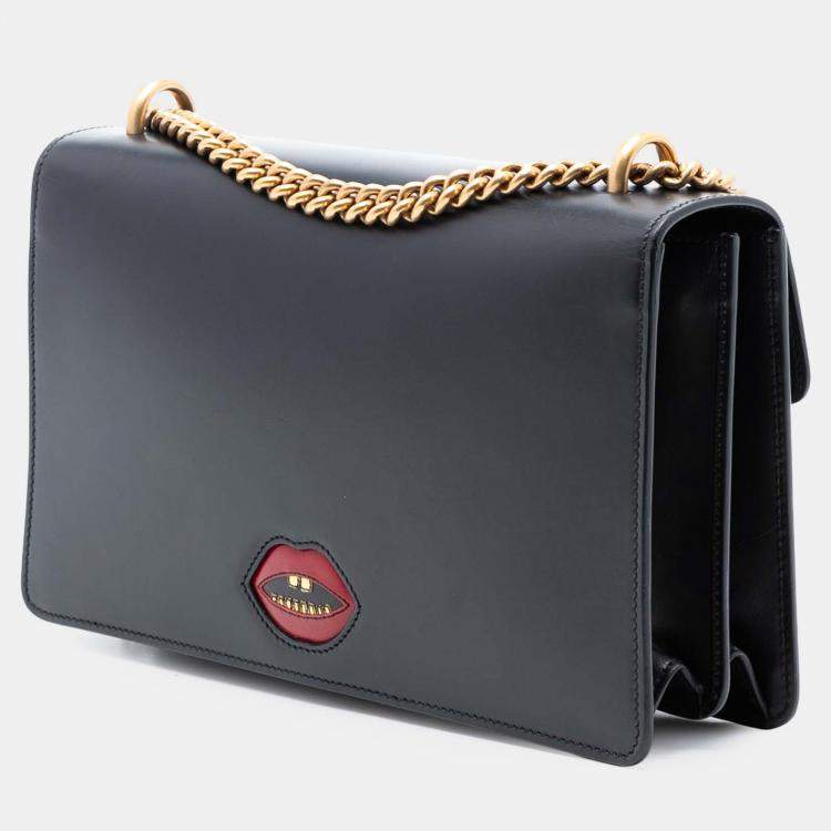 مملوكة مسبقًا Gucci Black Medium GG Marmont Leather Malaga Kid Heart Patch Chain Flap