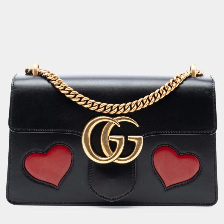 مملوكة مسبقًا Gucci Black Medium GG Marmont Leather Malaga Kid Heart Patch Chain Flap