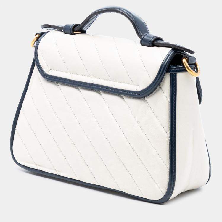 مملوكة مسبقًا Gucci Blue/White Mini GG Marmont Matelasse Diagonal Leather Torchon Top Handle Bag