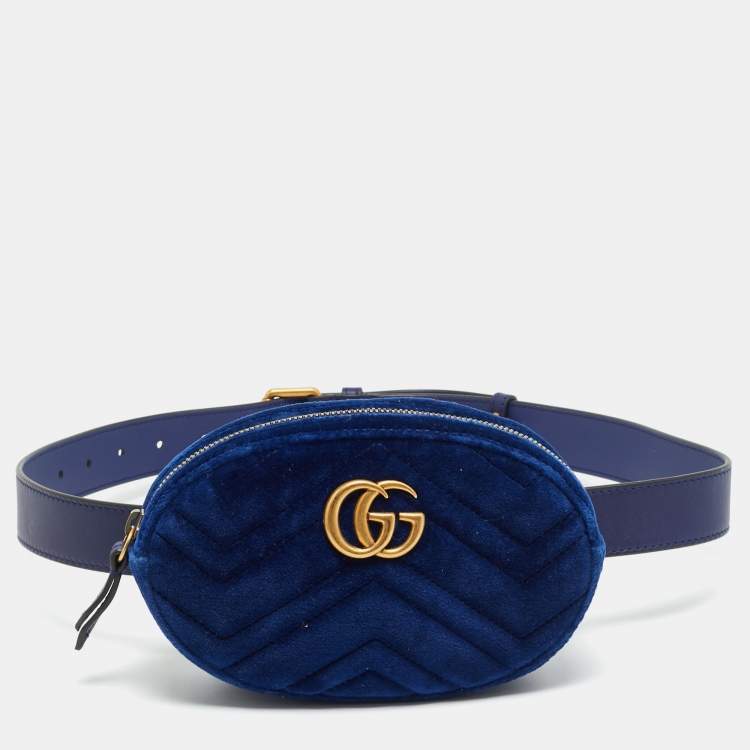 Pre Owned Gucci GG Marmont Blue Matelassé Velvet Belt Bag