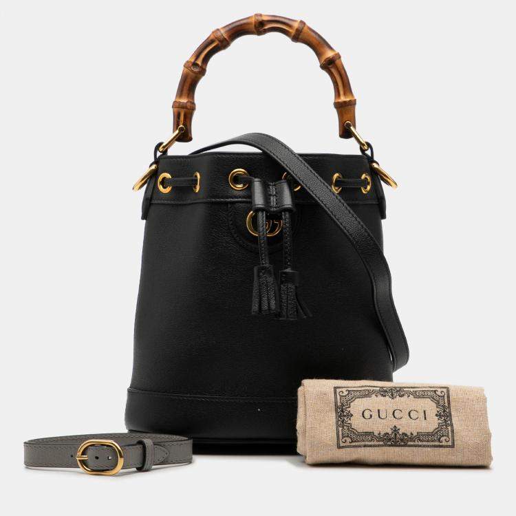 Pre Owned Gucci Black Mini Calfskin Bamboo Diana Bucket Bag
