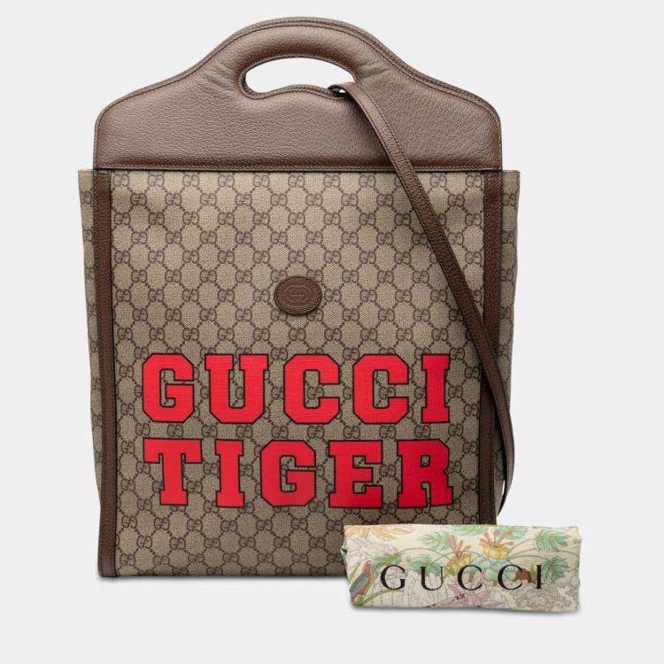 Pre Owned Gucci Brown GG Supreme Web Tiger Satchel