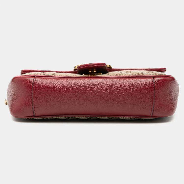 Pre Owned Gucci Brown Red Small GG Marmont Matelasse Diagonal GG Canvas and Leather Shoulder Bag
