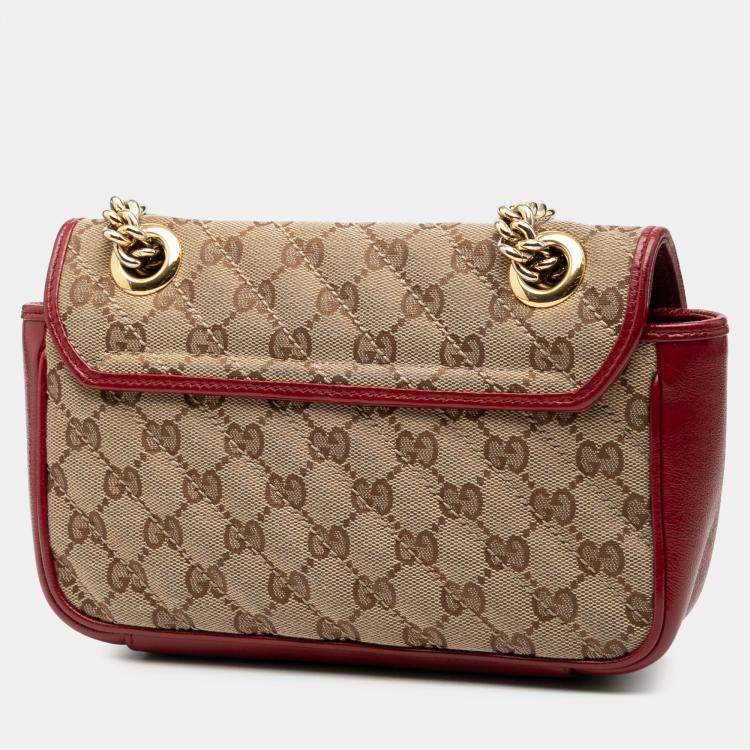 Pre Owned Gucci Brown Red Small GG Marmont Matelasse Diagonal GG Canvas and Leather Shoulder Bag