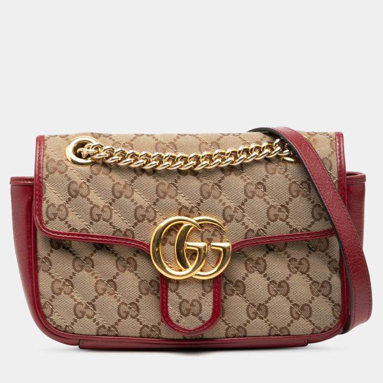Pre Owned Gucci Brown Red Small GG Marmont Matelasse Diagonal GG Canvas and Leather Shoulder Bag