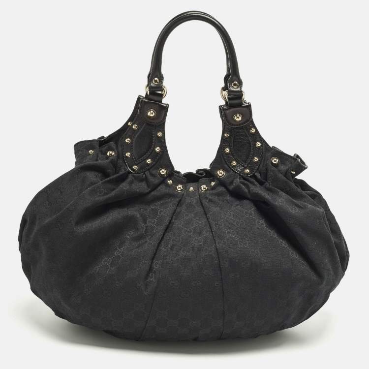 Pre Owned Gucci Pelham Studded Black GG Canvas and Leather Hobo