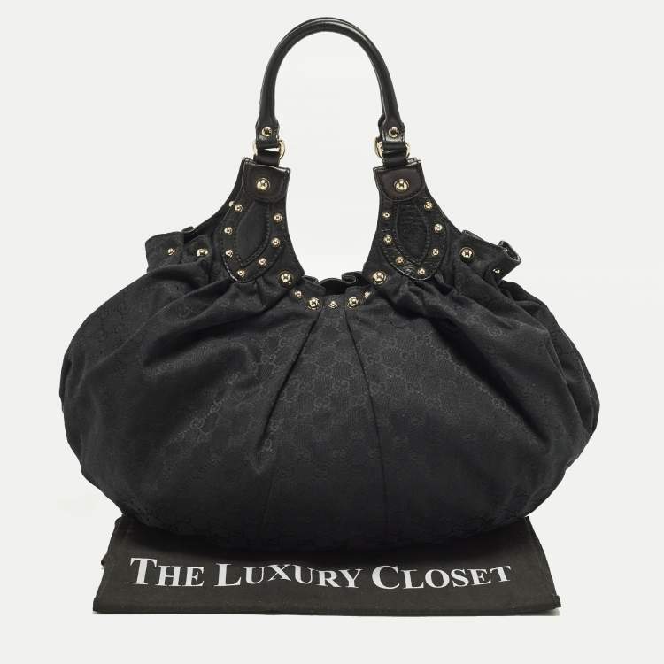 Pre Owned Gucci Pelham Studded Black GG Canvas and Leather Hobo