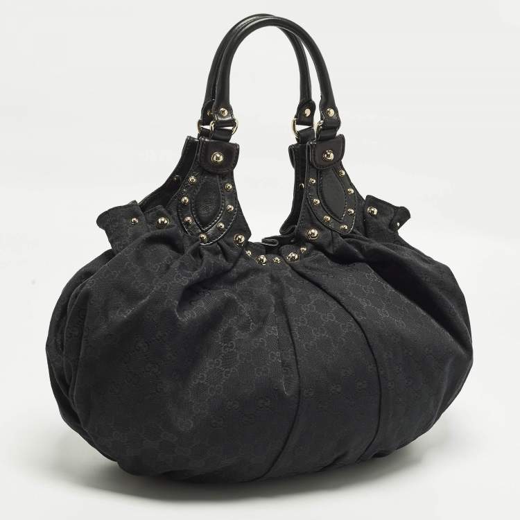 Pre Owned Gucci Pelham Studded Black GG Canvas and Leather Hobo