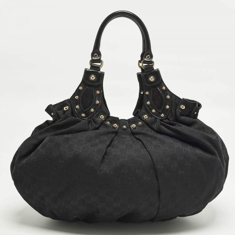 Pre Owned Gucci Pelham Studded Black GG Canvas and Leather Hobo