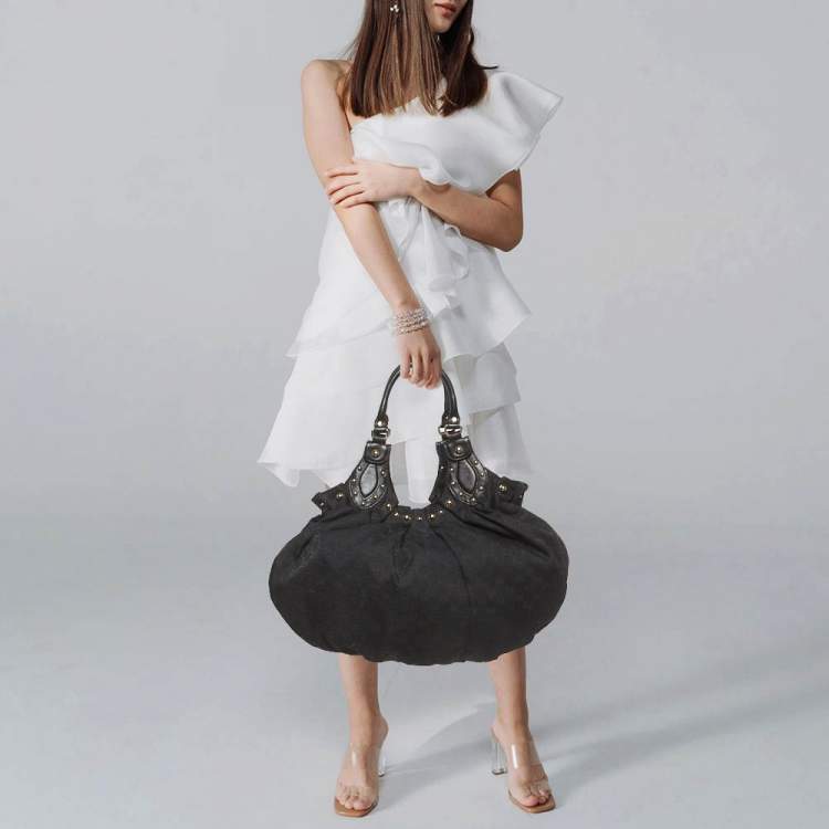 Pre Owned Gucci Pelham Studded Black GG Canvas and Leather Hobo